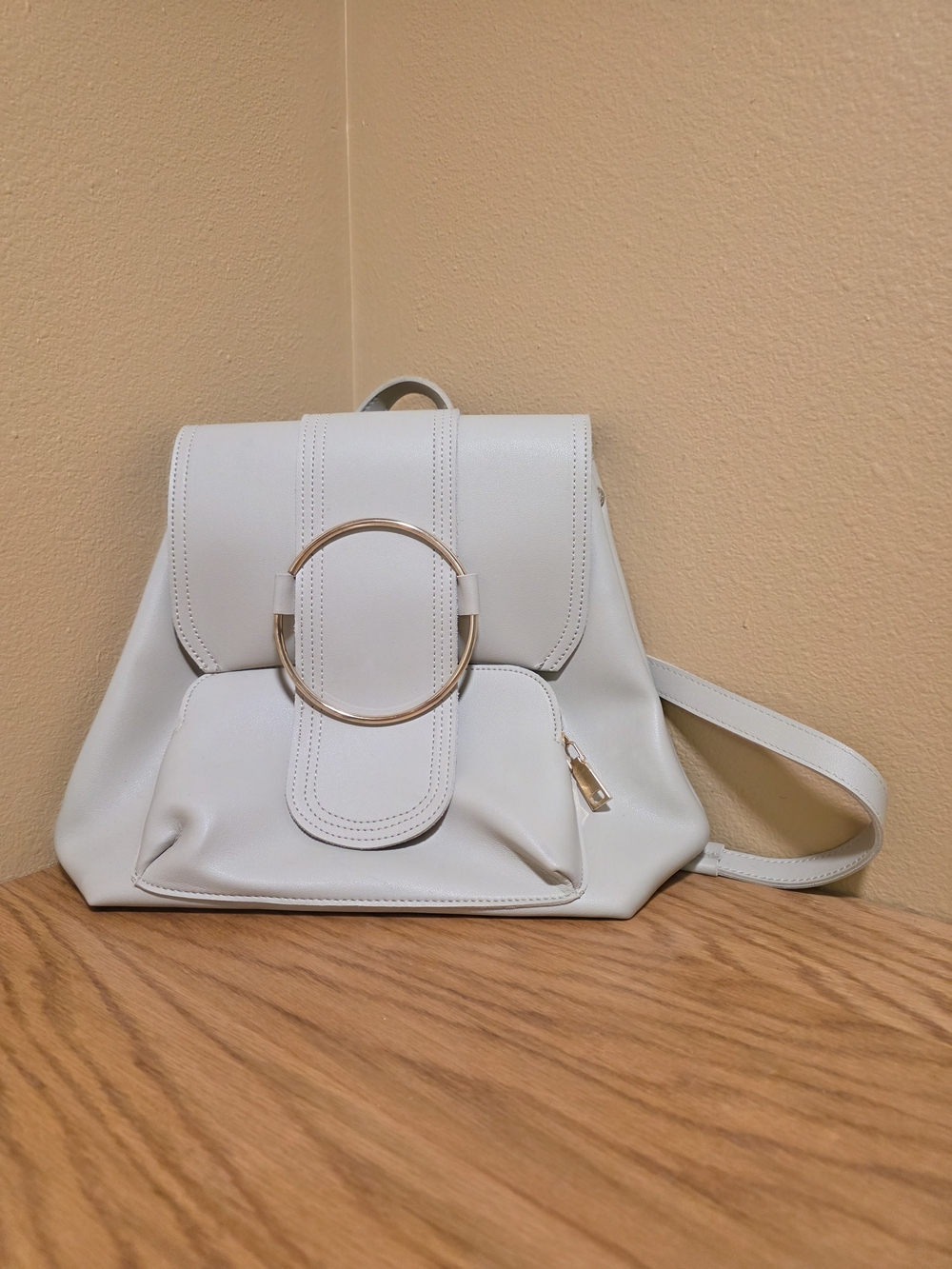 White Faux Leather Backpack Purse with Gold Ring Accent